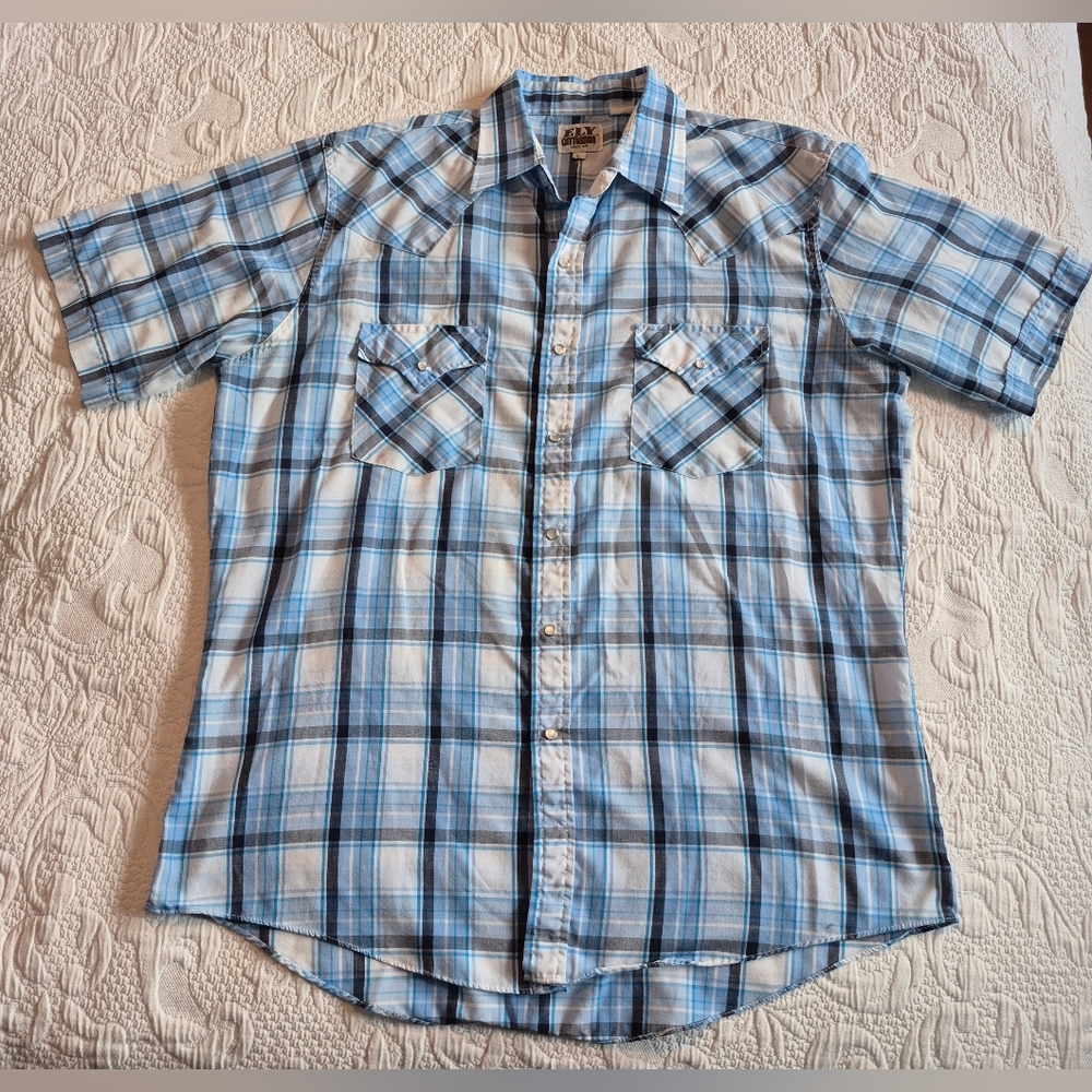 Ely Cattleman men's Large plaid short sleeve pearlized snaps, GUC